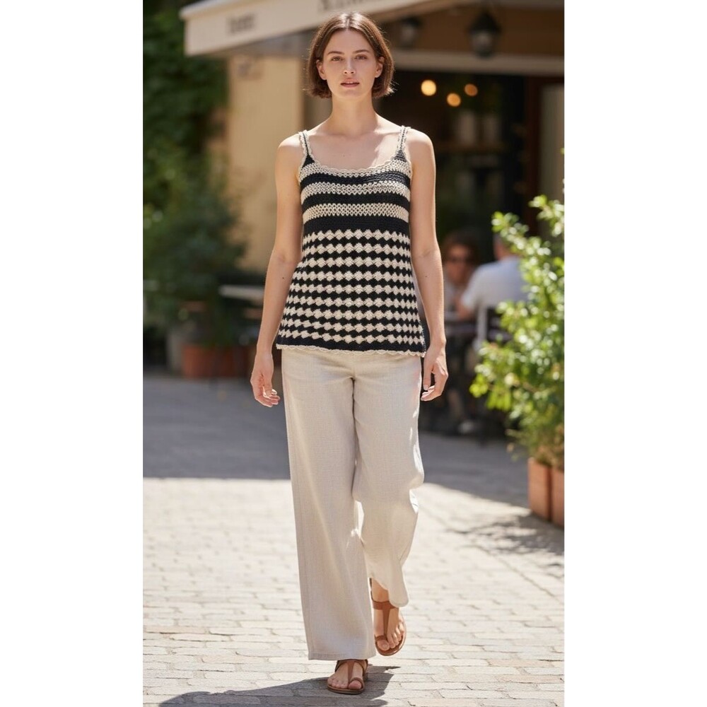 Vintage Crochet Tank Black Ivory Boho Coastal Cami Cotton Ramie Blend SP